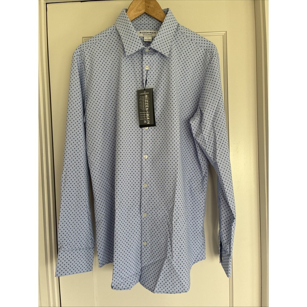 NWT Mizzen + Main Leeward MEDIUM Trim Fit Button Dress Shirt. Blue Geometric
